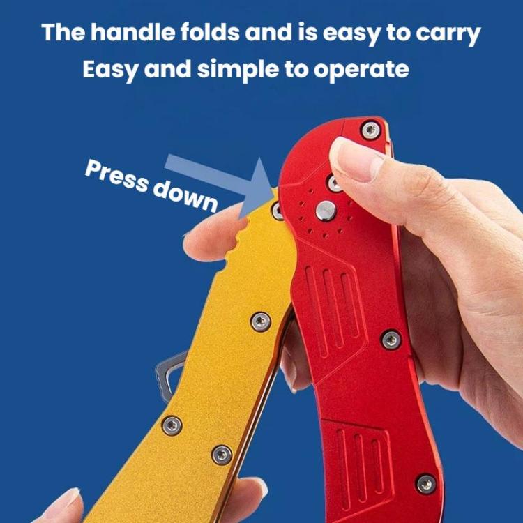 Foldable fish-gripping pliers with red handle and yellow body, hand pressing the handle