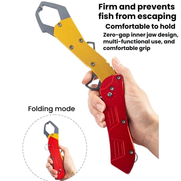Foldable fish-gripping pliers with red and yellow body, gray jaw and comfortable grip