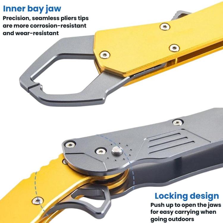 Close-up of foldable fish-gripping pliers: inner bay jaw and locking mechanism