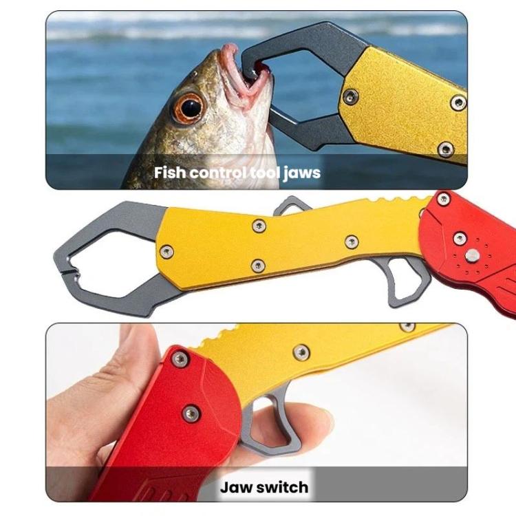 Fish-gripping pliers clamping a fish with red and yellow handles
