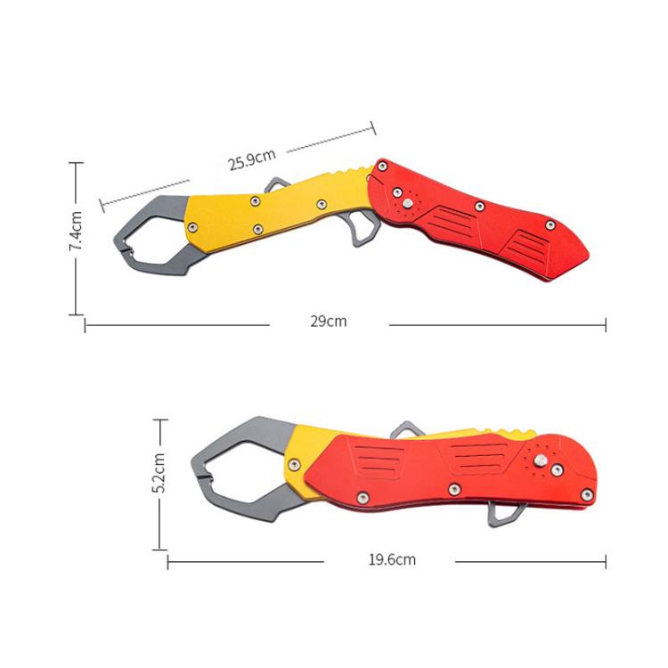 Foldable fish-gripping pliers shown with folded and extended sizes, red and yellow