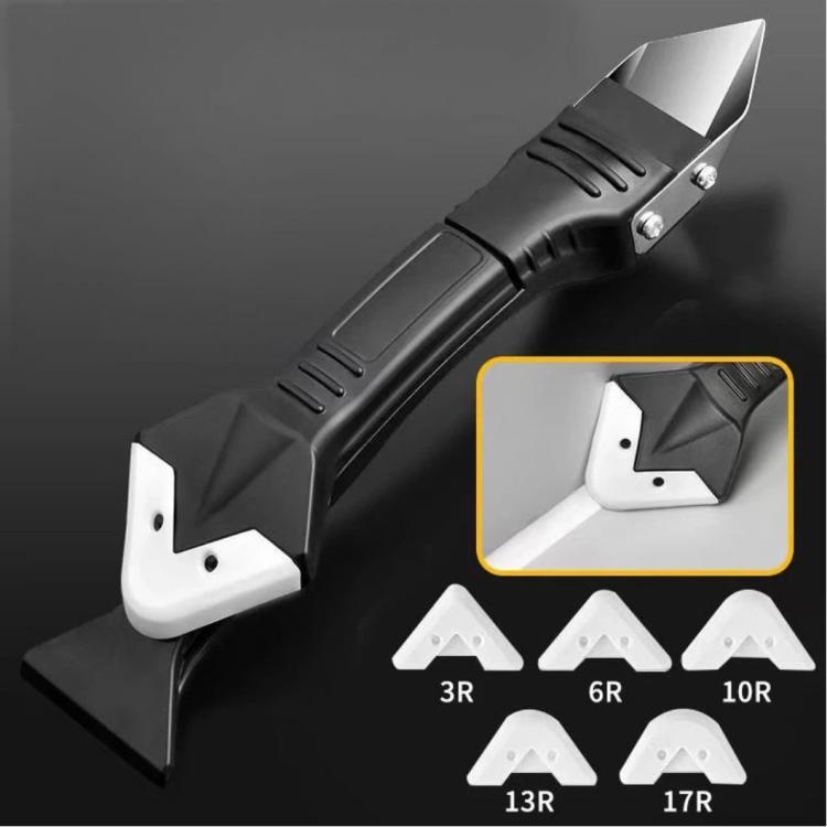 3-in-1 silicone caulking tool with white scraper pads and black handle