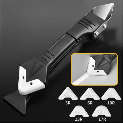 3-in-1 silicone caulking tool with white scraper pads and black handle