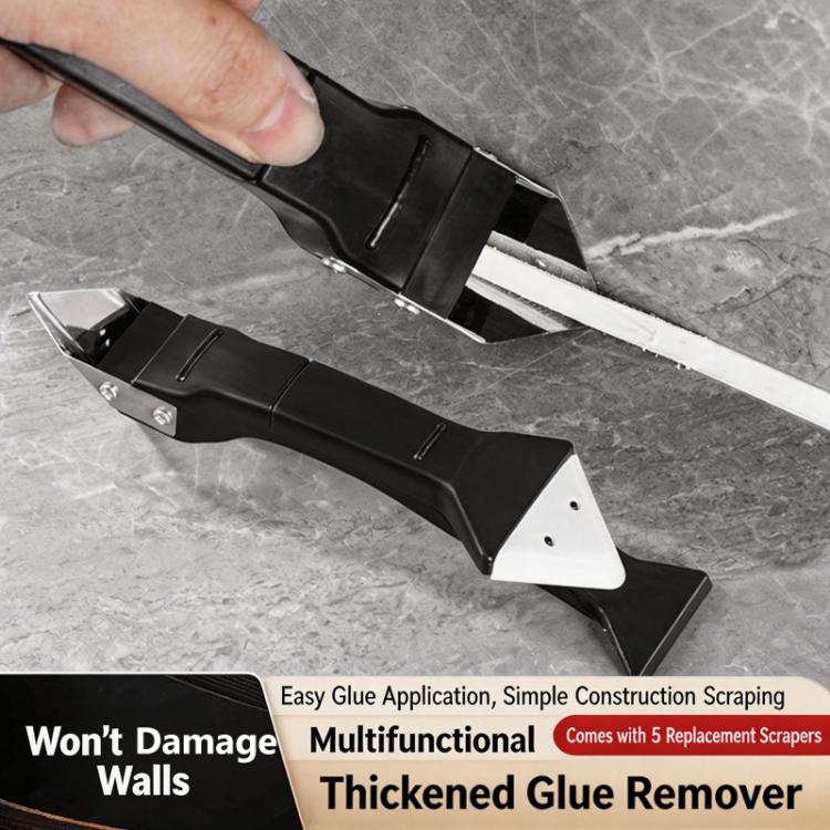 Black caulk remover and sealant scraper tool with angled base and white blade