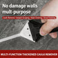 Caulk remover scraper tool with white triangular blade insert and black handle