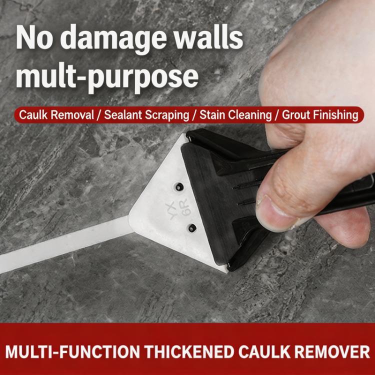 Caulk remover scraper tool with white triangular blade insert and black handle
