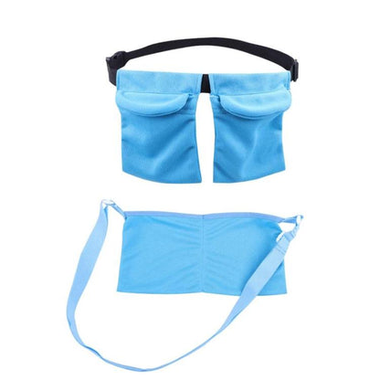 Blue post-surgery breast drainage support pouch with two front pockets and strap handles