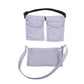 Grey post-surgery breast drainage support pouch with two front pockets and shoulder strap