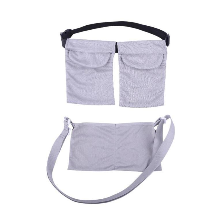 Grey post-surgery breast drainage support pouch with two front pockets and shoulder strap