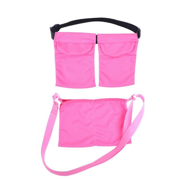 Pink post-surgery breast drainage support pouch with two front pockets and shoulder strap