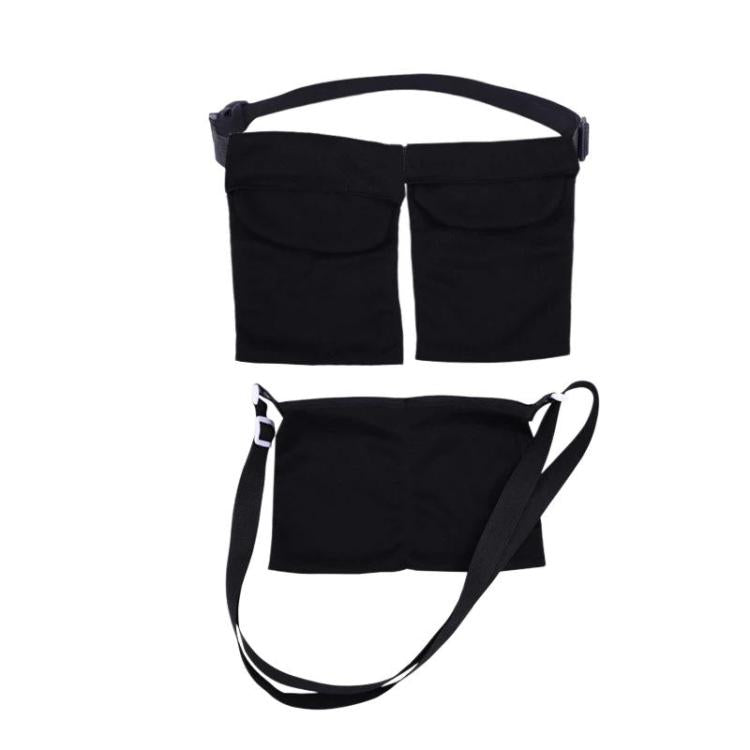 Black post-surgery breast drainage support pouch with two front pockets and crossbody strap