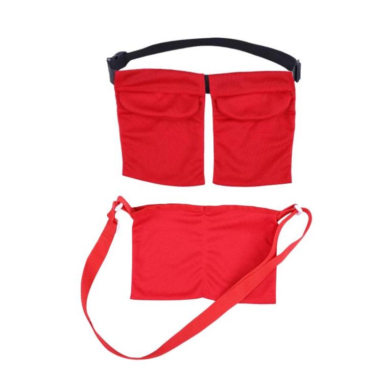 Red post-surgery breast drainage support pouch with two front pockets and shoulder strap