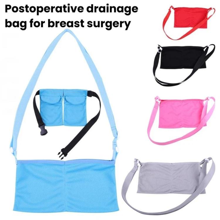 Set of breast drainage support pouches showing blue, grey, black, and pink options with straps