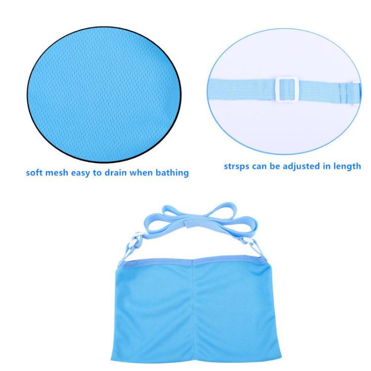 Blue mesh drainage support pouch with adjustable strap and two separated front sections