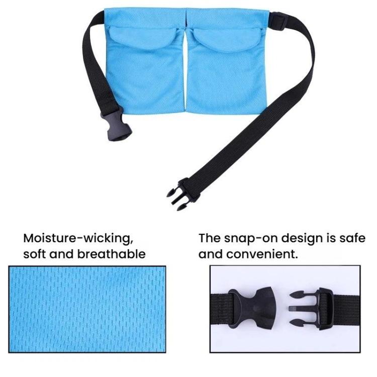 Blue drainage support pouch with adjustable waist straps and two pocket compartments
