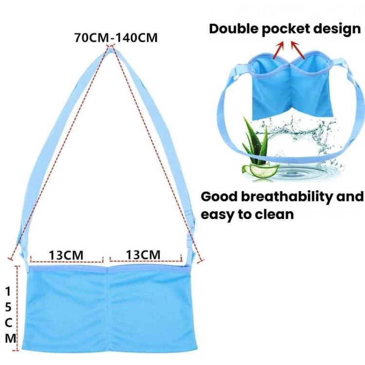 Blue breast drainage support pouch with double pocket design and looped carry strap