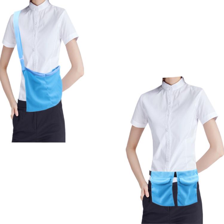 Breathable post-surgery breast drainage support pouch, blue fabric worn over shirt