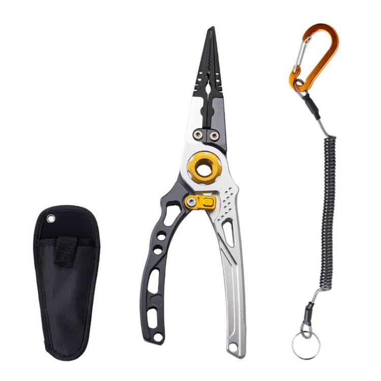 Silver gray fishing lure pliers with spring lock and lanyard clip