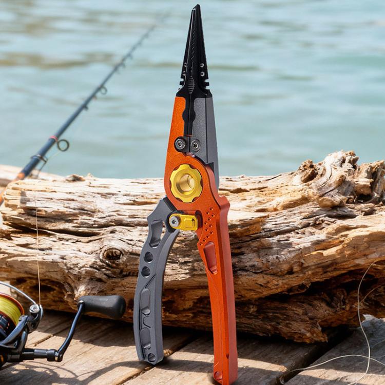 Orange and gray fishing lure pliers with long nose jaw and spring lock