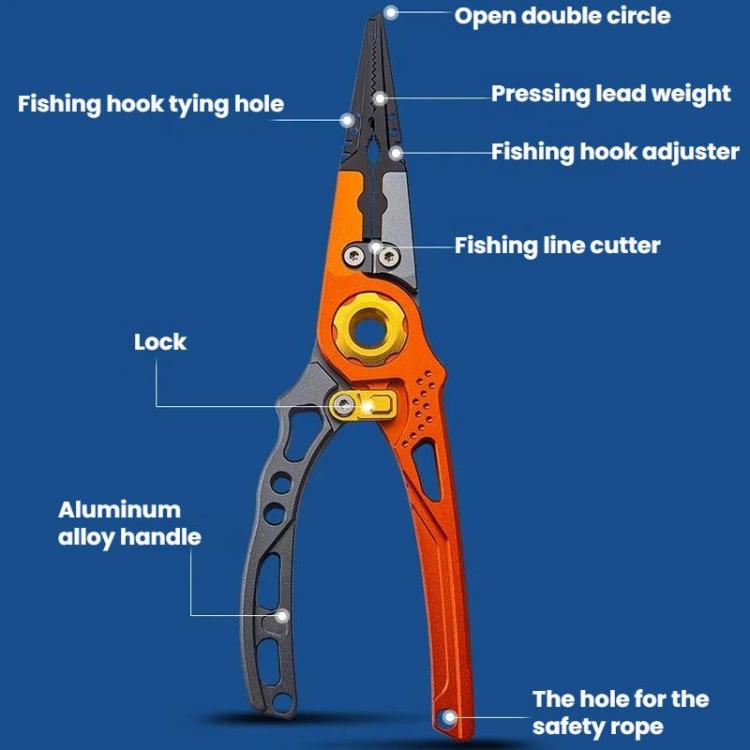 Orange and gray fishing hook tying pliers with safety rope hole