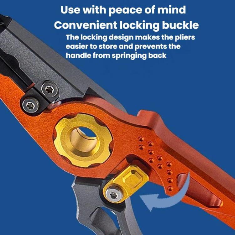 Orange and gray fishing lure pliers with locking buckle and circular pivot