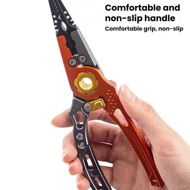 Orange and gray non-slip grip fishing lure pliers held in hand