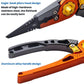 Orange and gray fishing lure pliers with gold circular hook head and textured grip