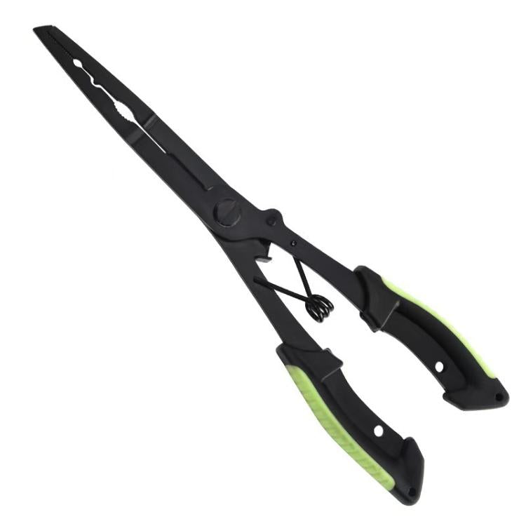 Black fishing pliers with green handle accents and eagle-beak jaw for hook removal
