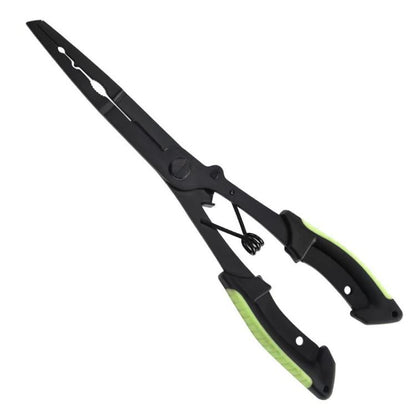 Black fishing pliers with green handle accents and eagle-beak jaw for hook removal