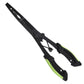 Black fishing pliers with green handle accents and straight jaw for line and hooks