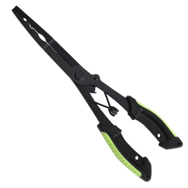 Black fishing pliers with green handle accents and straight jaw for line and hooks