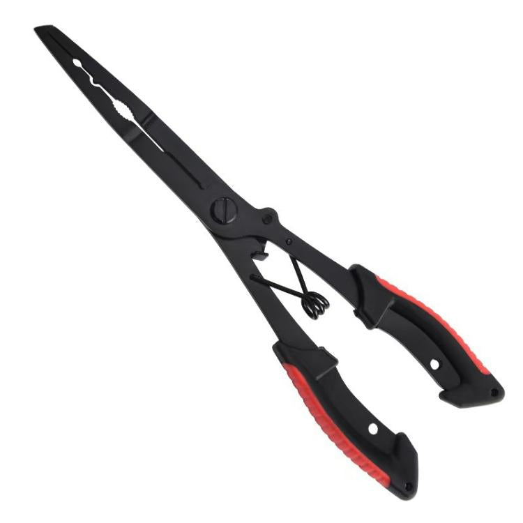 Black fishing pliers with red handle accents and eagle-beak jaw for hook removal
