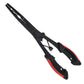 Black fishing pliers with red handle accents and straight jaw for line and hooks