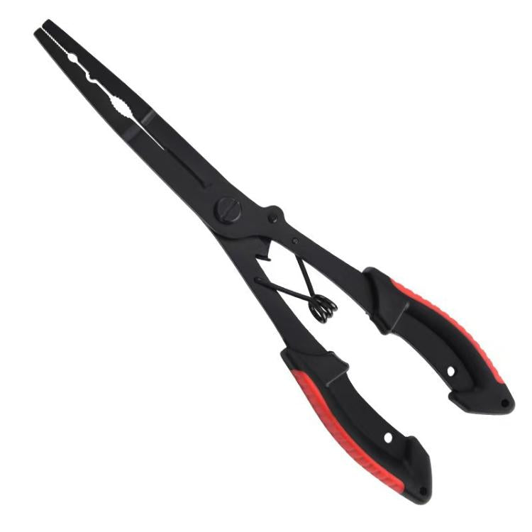 Black fishing pliers with red handle accents and straight jaw for line and hooks