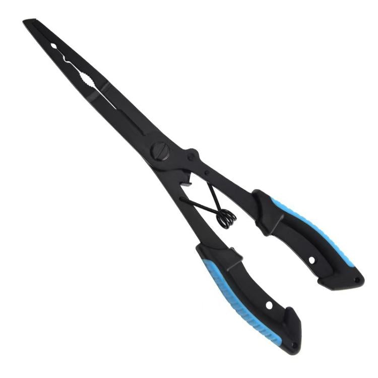 Black fishing pliers with blue handle accents and eagle-beak jaw for hook removal