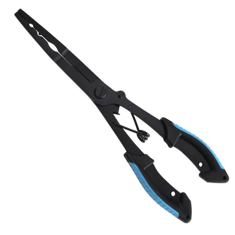 Black fishing pliers with blue handle accents and straight jaw for line and hooks