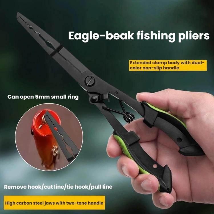 Green-accent fishing pliers held in hand, black body with dual-color non-slip grips
