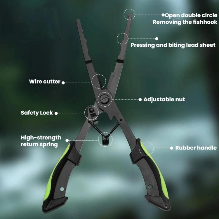 Multi-function fishing pliers with green grips, wire cutter, adjustable nut, rubber handle