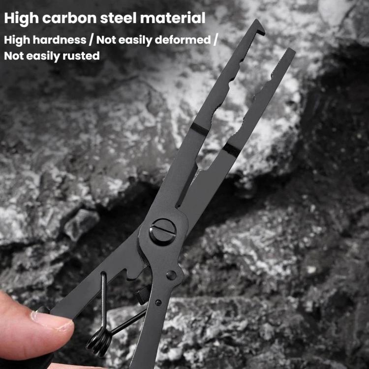 Black fishing pliers with spring and jaws, high-carbon steel construction