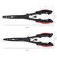 Black fishing pliers with red grips, 21cm overall length, side view and end view