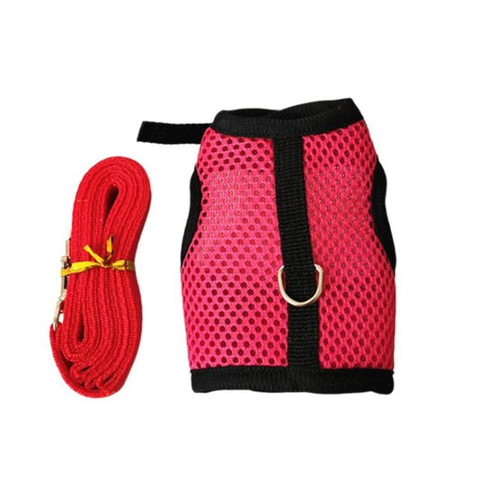 Small pet vest-style harness with leash, rose red mesh and black trim