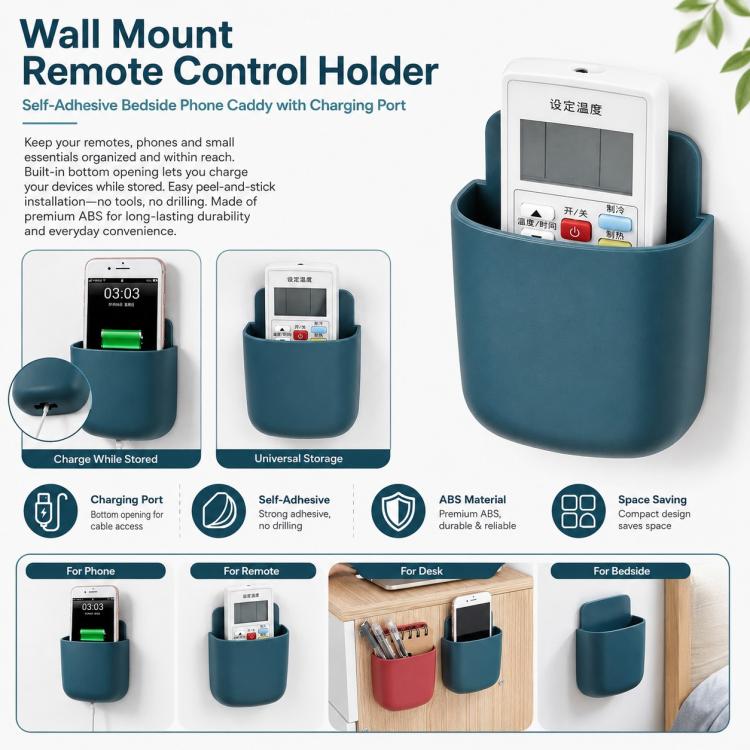 Teal self-adhesive wall caddy for phone and remote, with charging port, rounded holder