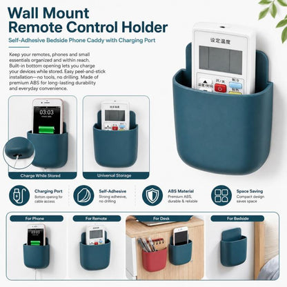Teal self-adhesive wall caddy for phone and remote, with charging port, rounded holder