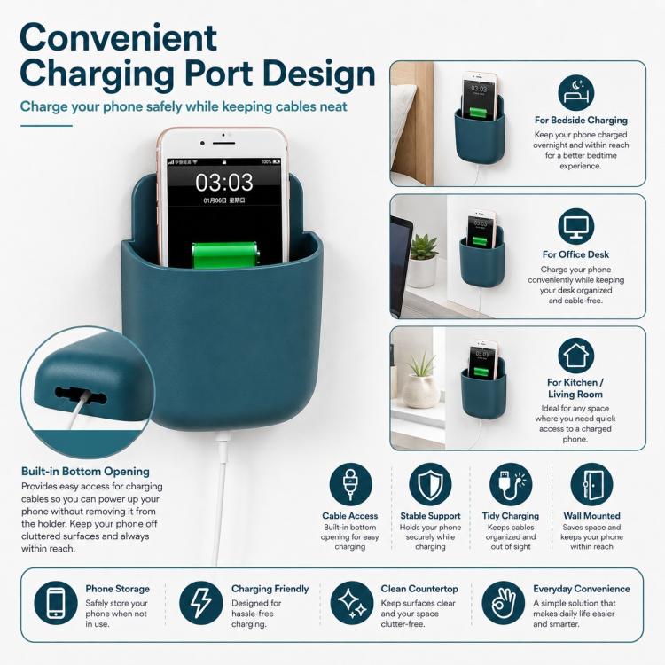 Teal wall charging caddy holding a smartphone, with cable access and open top
