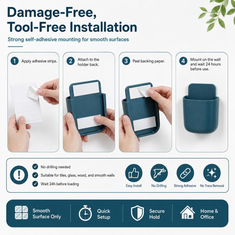 Teal self-adhesive wall caddy shown during peel-and-stick mounting, rounded cup shape