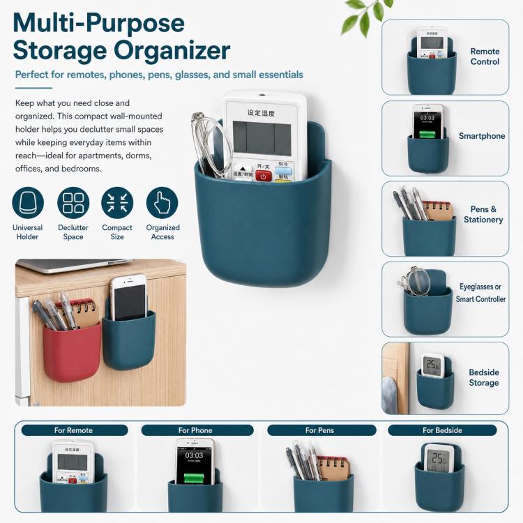 Teal multi-purpose wall caddy holding remotes, pens, or bedside small essentials