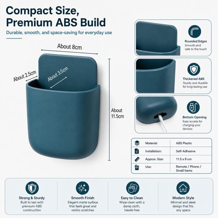 Teal compact ABS wall caddy with bottom opening for charging, rounded edges