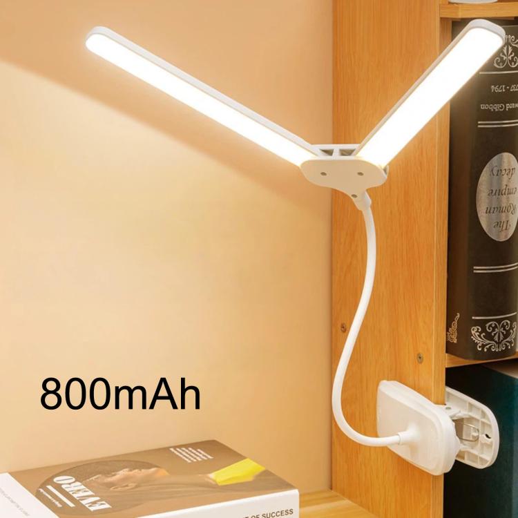 Dual-head clip-on LED reading lamp, white, 800mAh rechargeable battery.