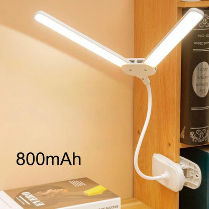 Dual-head clip-on LED reading lamp, white, 800mAh rechargeable battery.