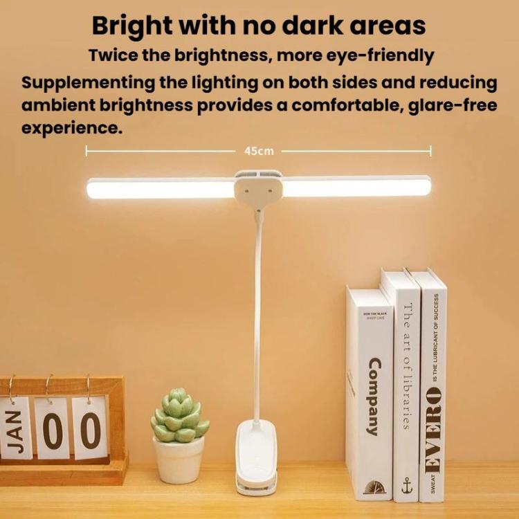 Dual-head LED desk reading lamp with two light bars and white tabletop base.